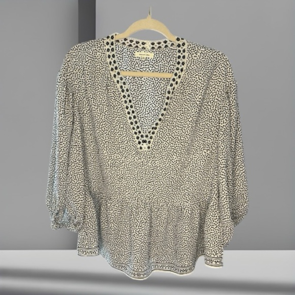 MAX STUDIO Black/white Polka Dot Eyelet Crochet V-neck Peplum Blouse Size Small